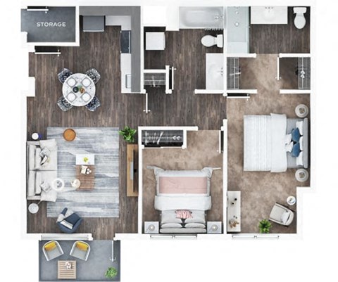 Floor plan for 2 beds, 2 baths, 957 sqft